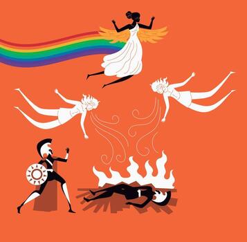 goddess iris creating rainbow with wind gods at patroclus funeral pyre with achilles vector