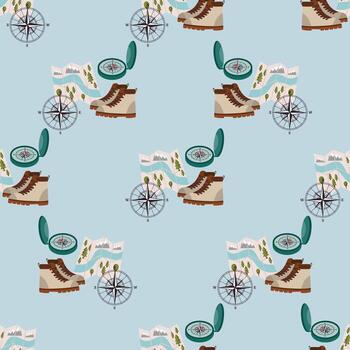 Seamless camping pattern with map, hiking boot, compass and compass rose on blue background in polka dot order. vector