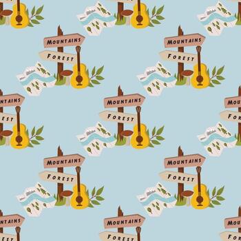 Seamless camping pattern with map, guitar, mushroom and wooden pointer to mountain and forest on blue background in polka dot order. vector