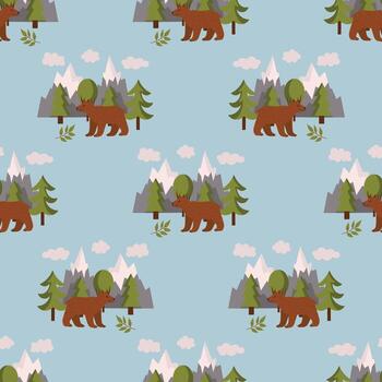 sin costura modelo con cámping tema presentando marrón oso, montañas y arboles en azul antecedentes en polca punto orden. vector