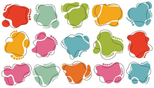 Uneven organic shapes, stains with thin line shapes and halftone elements, melting round backgrounds set in flat cartoon style. vector