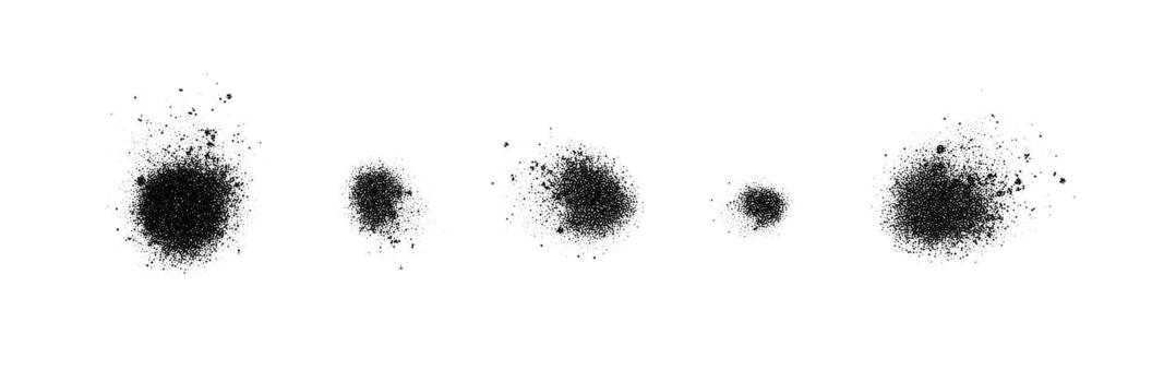 Abstract grain spots with photocopy texture. Black halftone stipple effect in grunge style. Minimal isolated splatter shapes for overlay, poster, background, and decoration vector