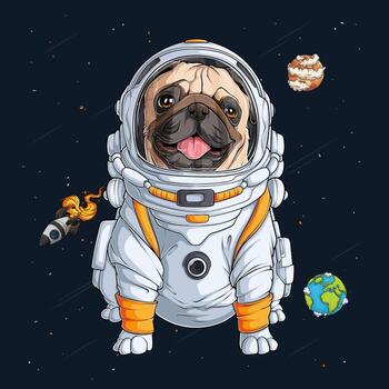 Hand drawn dog breed pug in astronaut spacesuit floating in space with planets around, cute puppy astronaut in outer space vector