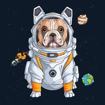 Hand drawn dog breed French bulldog in astronaut spacesuit floating in space with planets around, cute Frenchie astronaut in outer space vector