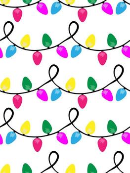 seamless hand drawn colorful string light bulb garland pattern on white background for holiday party event banner print fabric wrapping paper vector
