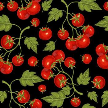 seamless watercolor style tomato pattern on black background fresh red vegetables with green leaves on vine repeating texture for fabric print packaging menu vector