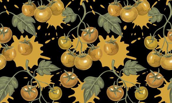 seamless boho pastel yellow tomato pattern on black background with abstract paint blots and green leaves repeating texture for fabric print wallpaper package vector