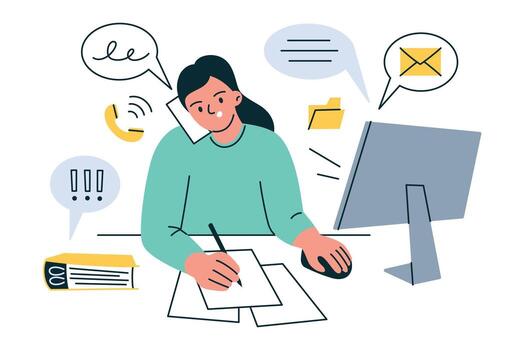Multitasking scene with woman at work using computer, writing, talking on phone, tired worker with notifications and tasks, flat cartoon illustration for business, office and productivity vector