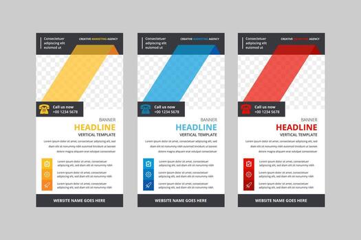 Set of vertical banner design template use rectangle shape as space for photo and transparency diagonal shape as ornament. white background with sample of infographic icon and text vector