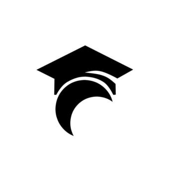 Minimalist logo with a graduation cap and crescent shape, symbolizing knowledge, wisdom, and enlightenment. Ideal for education, learning platforms, and institutions. vector