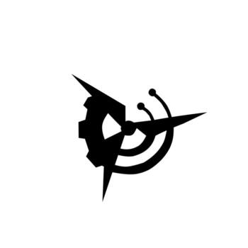 A futuristic black abstract icon combining a gear, arrows, and circuit lines, symbolizing technology, innovation, progress, and digital connection in a modern design. vector