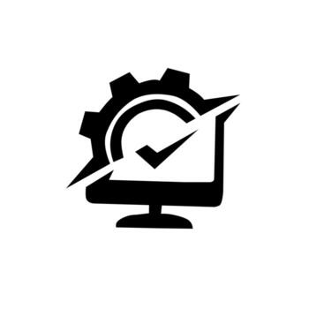 A black silhouette icon of a computer monitor with a gear, checkmark, and arrow, symbolizing system optimization, efficiency, performance, and software management. vector