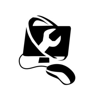 Silhouette of a computer monitor with a wrench and mouse, symbolizing IT support, computer repair, maintenance, software service, and technology solutions in modern design. vector