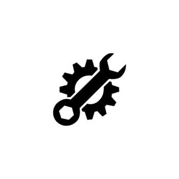 Silhouette of a wrench crossed with a gear, symbolizing repair, maintenance, settings, engineering, mechanical tools, industrial service, configuration, and technical support. vector