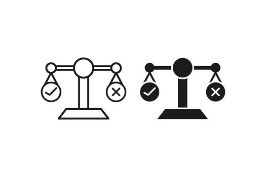 Decision icon displays scales with checkmark symbolizing balanced choice. Suitable for ethics, law, justice, decisionmaking concepts in design projects. vector