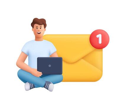 Person with laptop and email notification vector