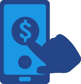 The finger icon touching the screen indicates that the user is interacting with the payment feature and resulting in a successful transaction. vector