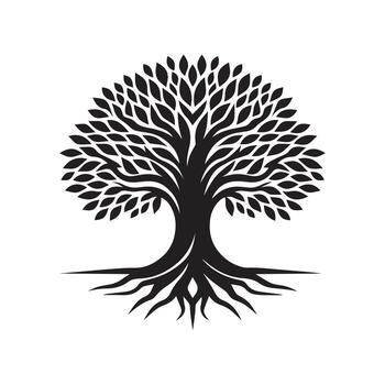 Tree Silhouette With Expanding Roots And Branches vector