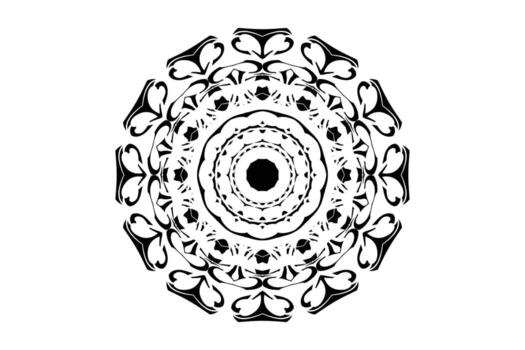 Intricate hexagonal mandala design in black and white with layered petals and teardrop shapes vector
