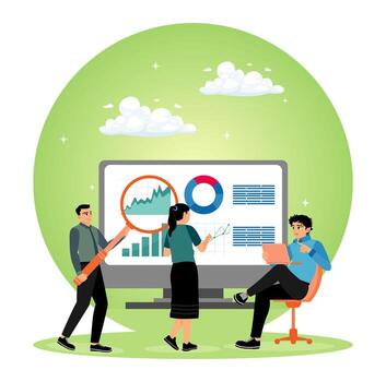 Team analyzing data on a computer vector