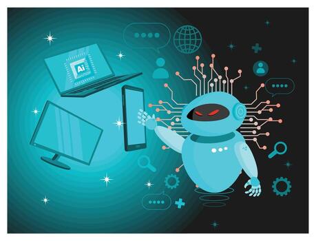 Robot interacting with computers and mobile devices vector