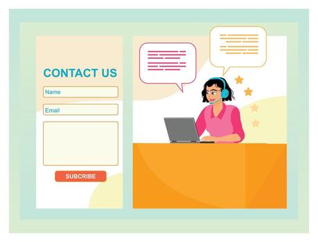 Contact Us Form and Customer Support With Chat Bubbles at a Desk. vector