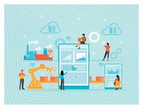 industrial iot tablero escena con robots, nube informática, y equipo analizando datos. vector