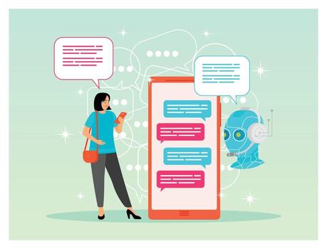 Woman chatting with a chatbot on phone vector