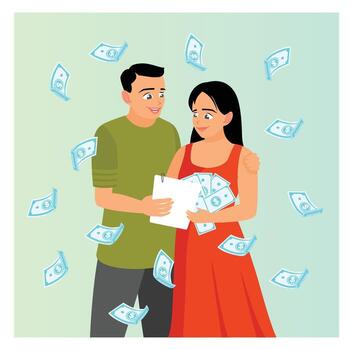 The concept of a high yield savings account. Couples who open an account at a bank. vector
