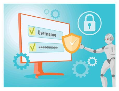Robot shows secure login interface with password vector