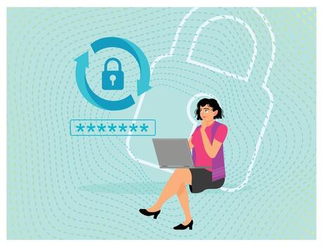 Create new password concept. Woman with laptop creating password. vector