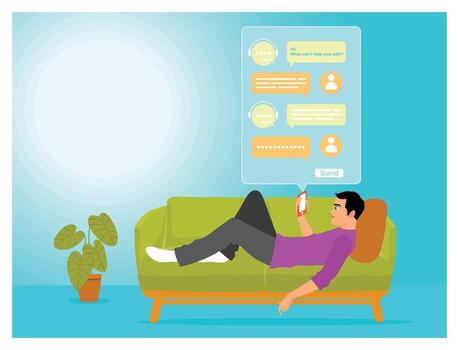 Man relaxing on couch using smartphone vector