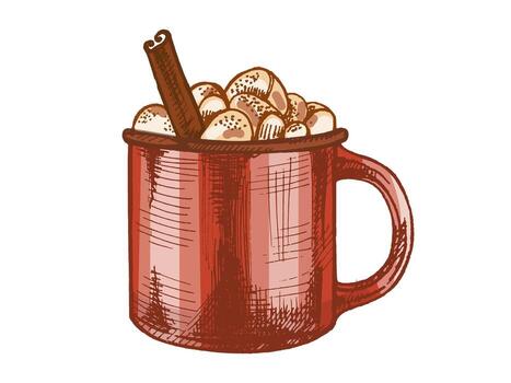 Hand drawn vintage sketch of red mug with hot chocolate, marshmallows and cinnamon stick, color version, illustration vector