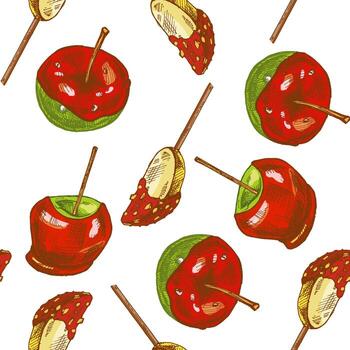 Hand drawn vintage seamless pattern of caramel apples and apple slices on stick with nut topping, colorful sketch illustration vector