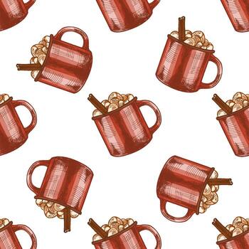 Hand drawn vintage seamless pattern of red mug with hot chocolate, marshmallows and cinnamon stick, color version vector