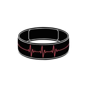 Black and white icon of smart wristband with red ECG line for heart monitoring vector