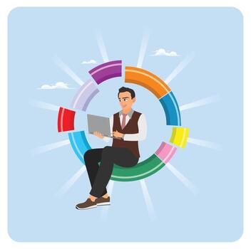 Marketing analysis chart diagram concept. Businessman working with computer laptop on pie chart. vector