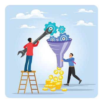 Men working with gears and funnel vector