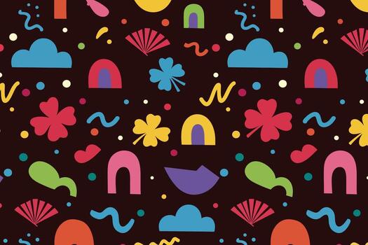 Colorful abstract shapes repeat in a seamless pattern featuring clouds, confetti, and clover on a dark background design vector