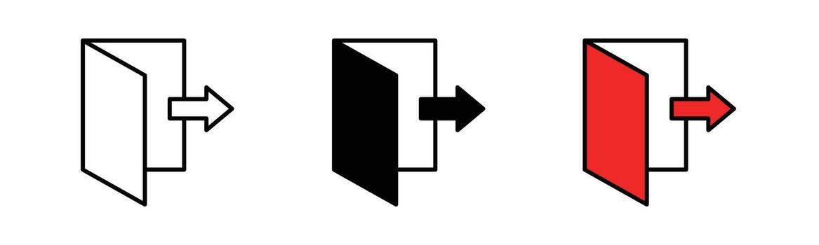 Logout symbol available in black fill, outline, and color fill with black stroke style, representing exit, sign out, and account leaving action. Clean and minimal design, isolated on white background. vector