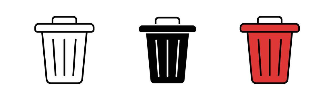 Trash symbol available in black fill, outline, and color fill with black stroke style, representing delete, remove, and discard function. Clean and minimal design, isolated on white background. vector