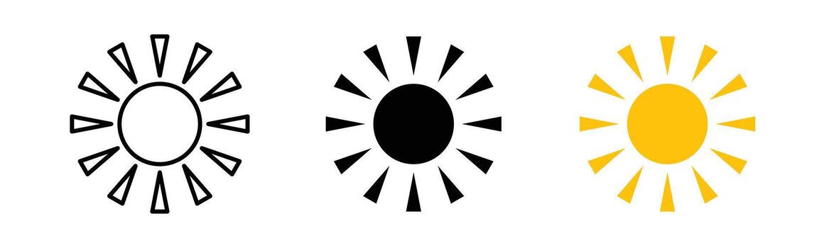 Sun symbol in bold black fill and outline style, representing sunlight, warmth, and energy. Minimal and modern design, isolated on white background vector