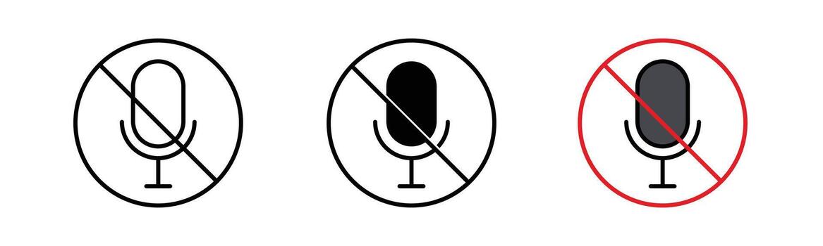 Mic off symbol available in black fill, outline, and color fill with black stroke style, representing mute, silence, and disabled audio. Clean and minimal design, isolated on white background. vector