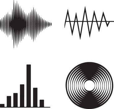 Black icons set sound wave, bar chart, and line graph. vector