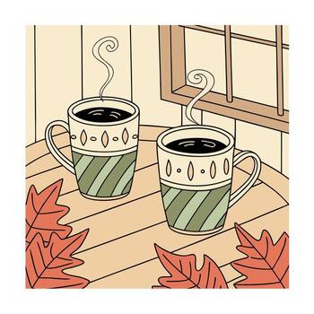 Two Steaming Coffee Mugs on Table with Autumn Leaves and Window vector