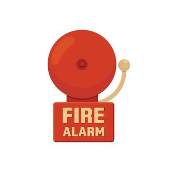 A bright red fire alarm apparatus. The device has a bell with a clapper mounted on top of a box with the words 'FIRE ALARM' in block letters. vector