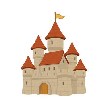 A delightful cartoon depiction of a castle with red-tiled roofs and a yellow flag on the tallest tower. The structure is made of light-colored stone and features several turrets. vector