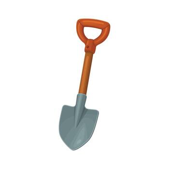 This is a cartoon drawing of a child's spade, with a silver scoop and a dark brown handle. The handle is capped with an orange grip. The spade is isolated on white. vector