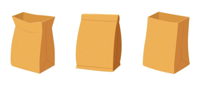 This image depicts three cartoon-style tan or light-brown paper bags arranged in a row. Each bag is open, empty and ready to receive its contents. vector