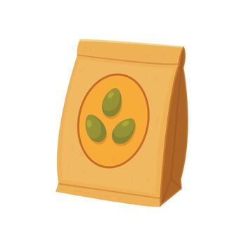 A cartoon drawing of a simple bag that appears to contain seeds or grains, with a round logo on the front showing three green seeds inside of the circle. vector